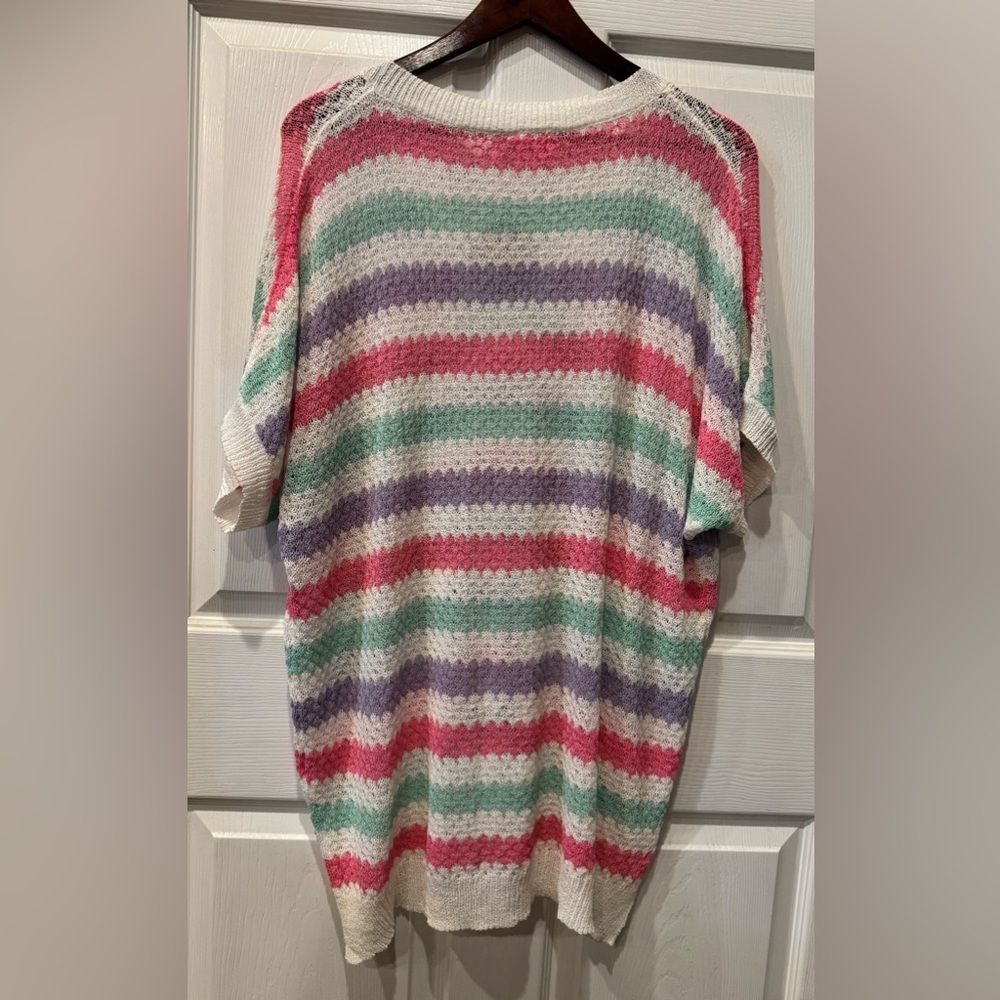 NWT Bibi White/Multicolor Striped Short Sleeve Sweater Women's Size L Oversized - Picture 2 of 8